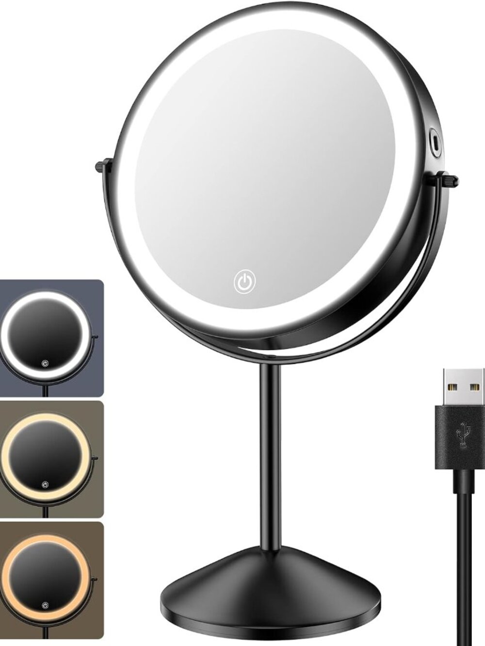 8 Inch Black Lighted Makeup Vanity Mirror 1X/10X Magnifying 3 Color Light USB